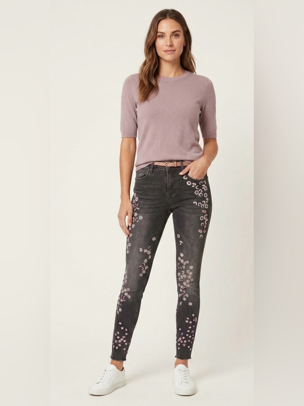 Driftwood Jackie Floral Embroidered Skinny Jeans in Faded Black